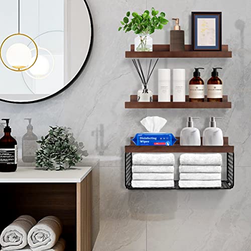 DABIGE Wall Mounted Floating Shelves, 3 Sets Wood Bathroom Shelves with Wire Storage Basket & Hooks, Farmhouse Floating Shelf for Wall Decor, Bedroom, Living Room, Kitchen, Plants, Books – Black