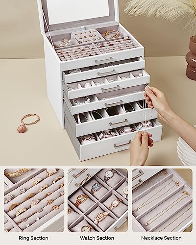 SONGMICS Jewelry Box, 6-Tier Jewelry Organizer, Large Jewelry Case with Big Mirror, 5 Drawers, Large Capacity, Jewelry Storage, Modern Style, Gift for Loved Ones, White UJBC138