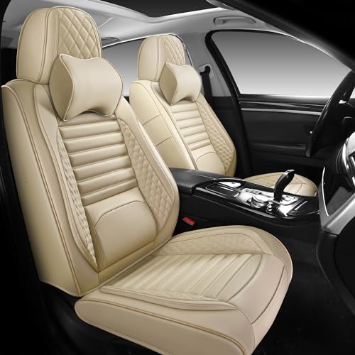 WENNFOUR Car Seat Covers Front Seats, Universal Nappa Leather Seat Covers with Headrest Pillow for Most Vehicles SUV Pick-up Truck, Full Coverage Automotive Seats Protector Fit for 2 Seats, Beige