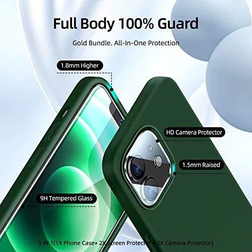 JTWIE [5 in 1 for iPhone 12 Phone Case/iPhone 12 Pro Phone Case with Screen Protector and Camera Lens Protector, Liquid Silicone Phone Case for iPhone 12 Pro (Alpine Green)…