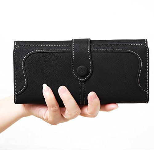 Cynure Women's Vegan Leather 17 Card Slots Card Holder Long Big Bifold Wallet,Black