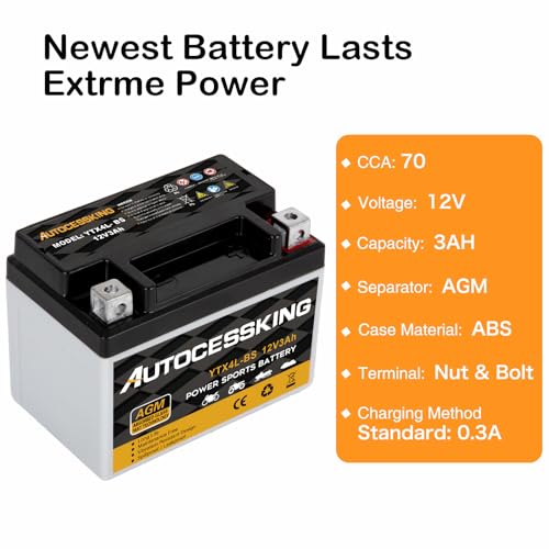 Autocessking YTX4L-BS Motorcycle Battery, 12V 3Ah Rechargeable Maintenance Free Sealed AGM Battery Powersport Replacement Battery for ATV and Scooter