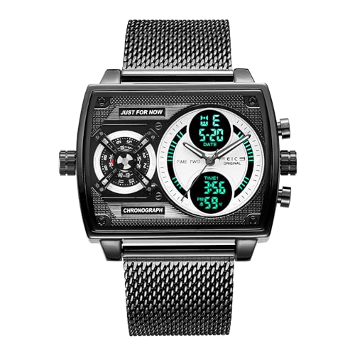 FEICE Men's Square Digital LED Watch - Multifunction Chronograph with Analog Quartz Movement, Stainless Steel Band, Dual Time Display, Waterproof Wristwatch FK814