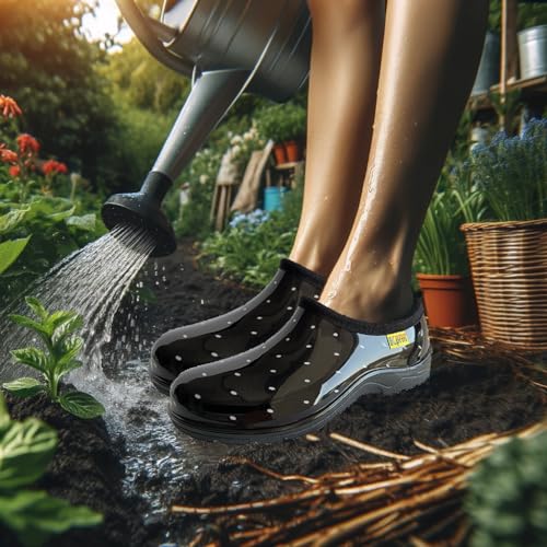 Kprm Flat Garden Shoes for Women Waterproof Slip-On Womens Rubber Rain Shoes Gardening Clogs with Comfort Insole (Chickens Yellow, 6)