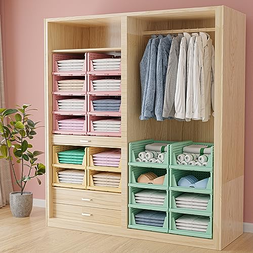MVSRWLL Stackable Plastic Storage Basket Bin Shelf Box for Closet Wardrobe Organizer 4 Pack Foldable Clothes Drawer Storage Container for Cupboard Kitchen Bathroom Bedroom Office (White)(3L+1S)