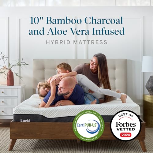 LUCID 10 Inch Hybrid Memory Foam Infused with Bamboo Charcoal and Aloe Vera-Encased Spring Support-Medium Firm Feel-Motion Isolation Mattress, Twin, White/Black