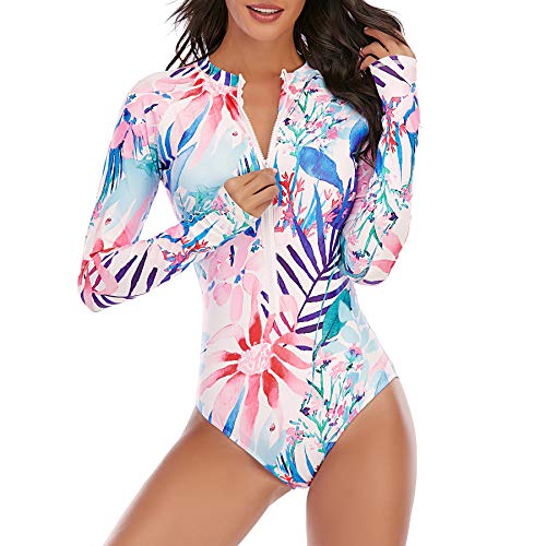 Zando Women's Athletic One Piece Swimsuits Long Sleeve Bathing Suit for Women Plus Size Zipper Rash Guard Swimsuit Blue Pink Leaf 6-8