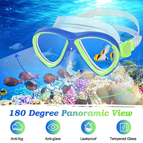 Kids Mask Fins Snorkel Set, Dry Top Snorkeling Gear for Kids Youth Boys Girls Junior Age 5-15 Tempered Glass Snorkel Mask Set Panoramic View Snorkeling Packages