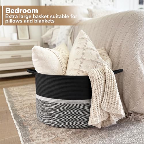 CHICVITA Extra Large Laundry Basket, Woven Rope Blanket Basket For Towels, Clothes, Toy Storage Baskets, Pillow Baskets For Living Room, Family Room, 22 x 22 x 14 inches, Black