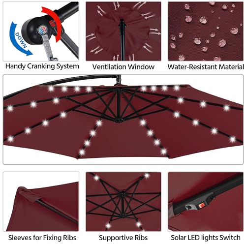 Yaheetech 10FT Solar Offset Umbrella with 32 LED Lights Cantilever Hanging Outdoor Umbrellas Handy Crank & Cross Base for Lawn/Deck/Backyard/Pool Burgundy