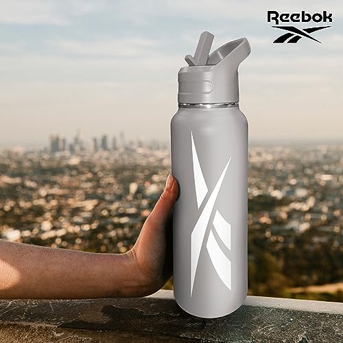 Reebok Stainless Steel Water Bottle With Straw Cap & Athletic Design - 32 oz - Double Wall Vacuum Insulated Sports Water Bottle With Straw, BPA Free (Grey with White Vector)