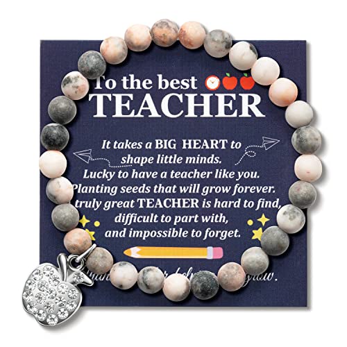 WATINC Teacher Appreciation Bracelet Gifts for Teacher Women, Thank You Teacher Natural Stone Bracelet with Sliver Charm Wish Card, Thanksgiving Teachers Day Elastic Bracelet Jewel (Pink)