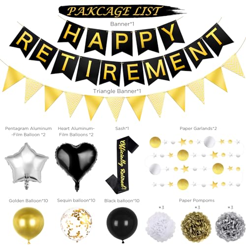 GAGAKU Happy Retirement Banner Assembled,Black and Gold Retirement Party Decorations,Retirement Decoration Set Retired Sash Foil Balloon Retirement Party Supplies for Office Farewell Party