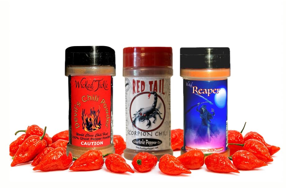 Wicked Tickle & Wicked Reaper World's Hottest Spice Gift Set – Carolina Reaper, Ghost Pepper, and Scorpion Chili Products Plus Free Sauce