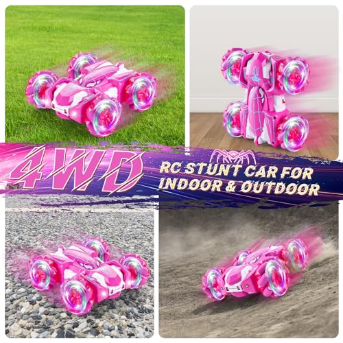 Spider Remote Control Car, 2.4Ghz Double Sided RC Cars with LED Light 360° Rotating RC Drift Car, 4WD Rechargeable RC Stunt Car Spider Toys for Boys 4-6 5-7 8-13 Girls Gifts Indoor Outdoor, Pink