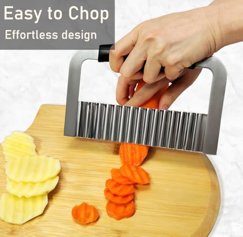 Crinkle Cutter Stainless Steel Potato Slicer Heavy Duty Wavy Crinkle Cutting Chopping Tools with Wooden Handle for Carrot Veggies (1, Black)