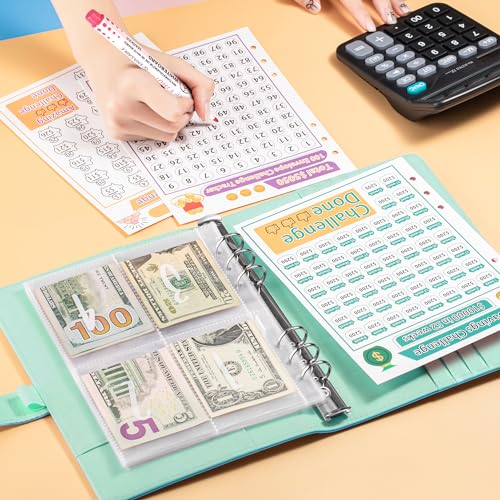 100 Envelopes Money Saving Challenge, A5 Savings Challenges Book Budget Binder with Cash Envelopes Erasable Tracker, Easy and Fun Way to Save $500 $5050 $10000 (BGreen)