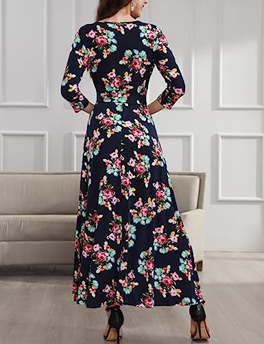 Aphratti Maxi Dresses for Women 2024 Casual Fall 3/4 Sleeve Faux Wrap V Neck Floral Flowy Long Maxi Dresses Blue Small