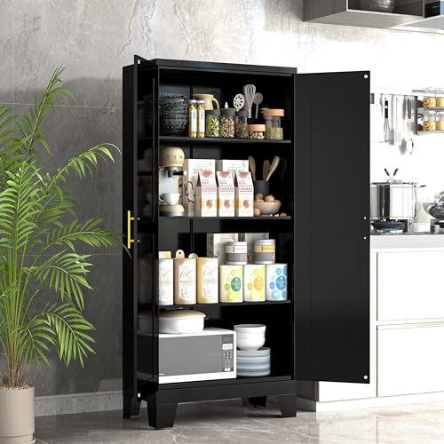 GAIOUS Metal Storage Cabinet, Pantry Storage Cabinets with 2 Door and 3 Adjustable Shelves, Black Kitchen Food Storage Cabinet, Metal Utility Cabinet for Kitchen Office Laundry Room Bedroom