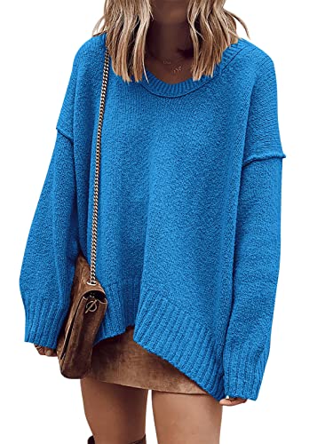 ANRABESS Women's Oversized Casual Loose Slouchy Scoop V Neck Batwing Long Sleeve Knit 2024 Fall Pullover Sweaters Pink Large