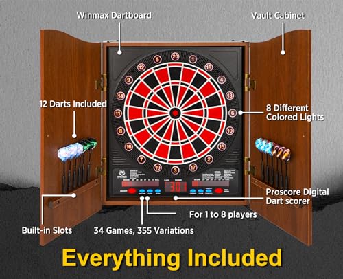 Electronic Dart Board LED Electric Digital Scoreboard Dart Boards for Adults with MDF Cabinet, up to 8 Players, 34 Games,355 Variations - 12 Soft Tip Darts & 100 Replacement tips - Great for Game Room