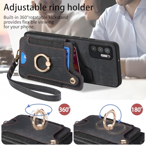 Asuwish Phone Case for Xiaomi Redmi Note 10 5G Wallet Cover with Tempered Glass Screen Protector Wrist Strap Lanyard RFID Credit Card Holder Ring Stand Poco M3 Pro/Redme Note 10T G5 Women Men Brown