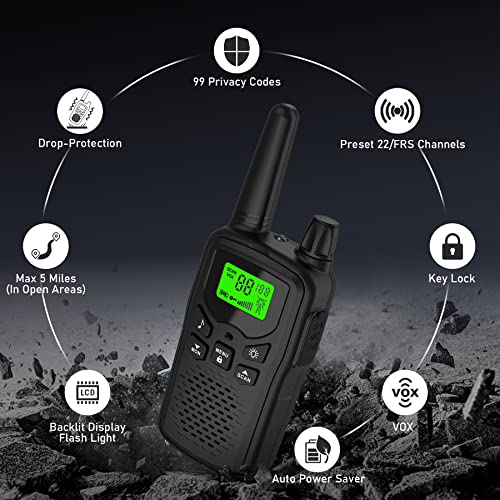 Walkie Talkies,Erelis Long Rang Walkie Talkies with 22 FRS Channels,Walkie Talkies for Adults with Lamp,VOX,LCD Display for Outdoor Activities Black