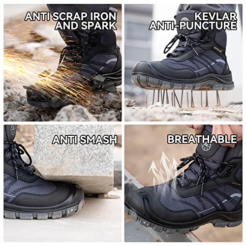 TAERDUN Steel Toe Work Boots for Men Slip-on Chelsea Boot, Men's Industrial & Construction Shoes, Waterproof, Lightweight, Comfortable, Non-slip Safety Shoes, Black, 10.5