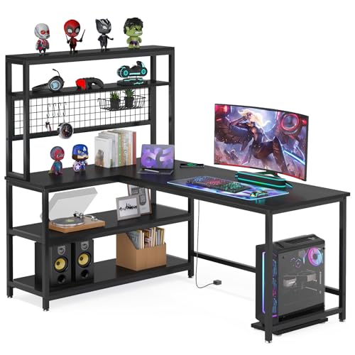 Tribesigns 55" Large Computer Desk with Wireless Charging 5 Storage Shelves, Office Desk Study Table Writing Desk Workstation with Hutch Bookshelf for Home Office (All Black)
