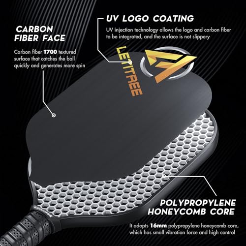 LETITREE 2025 Carbon Fiber Pickleball Paddle with T700 Carbon Fiber Surface (CFS) 16mm Polypropylene Honeycomb Core Pickleball Racket
