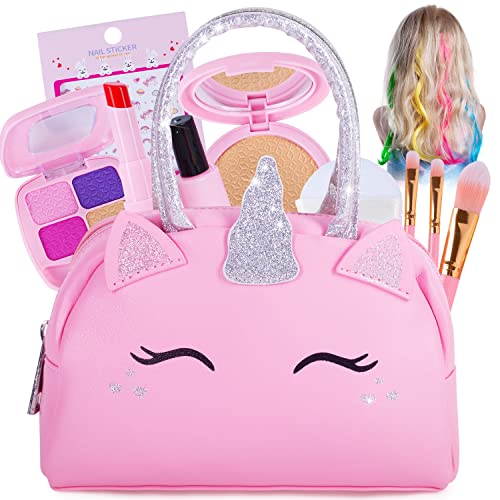 Pretend Play Makeup Kit for Little Girls with Unicorn Purse: Fake (Not Real) Make up Toy Set for Toddlers and Kids - includes Hair and Nails Accessories, Baby Girl Toys Princess Toddler Gift Set