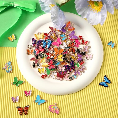 MARFOREVER 120 Pcs Butterfly Charms for Jewelry Making, Mixed Butterflies Charms Assorted Gold Enamel Butterfly Pendants for DIY Necklace Bracelet Earrings Making Supplies Gifts for Mother Women Girls