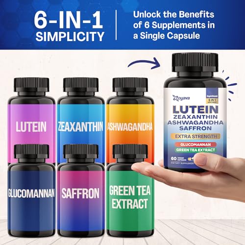 Lutein and Zeaxanthin Supplements 8000 MG Eye Vitamins with Saffron for Eye Health Supplements for Adults, Infused with Glucomannan, Ashwagandha, and Green Tea Extract Vision and Eyes Support