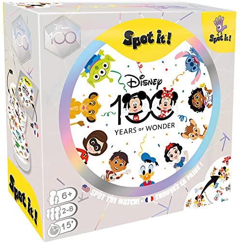 Spot It! Disney 100th Anniversary - Celebrate Disney & Pixar Characters in a Classic Observation Game! Fun Matching Game for Kids & Adults, Ages 6+, 2-8 Players, 15 Minute Playtime, Made by Zygomatic