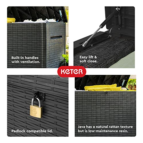 Keter Java XXL 230 Gallon Resin Rattan Look Large Outdoor Storage Deck Box for Patio Furniture Cushions, Pool Toys, and Garden Tools, Dark Grey