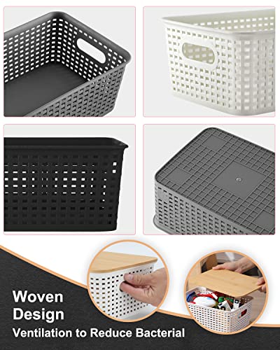 NEATJELAI Baskets for Organizing Plastic Storage Bins With Bamboo Lids Small Shelf Basket Container for Organizing Shelves Desktop Closet Pantry Playroom Classroom Office, 6 Pack,Black