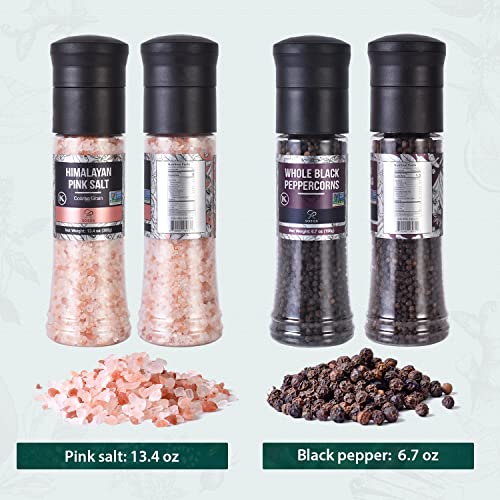 Soeos Sea Salt 3.5 oz + Black Peppercorns 1.8 oz, Salt for Grinder Refill, Salt and Peppercorns, Pepper Grinder Refill, Non-GMO Spice Seasoning Set For Cooking (150g Grinders, Glass Bottle)