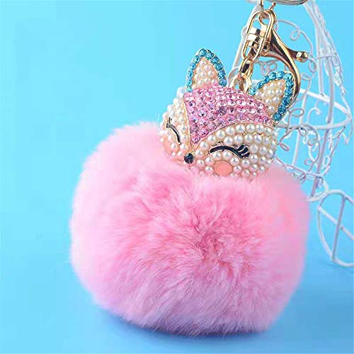 LXSSLY Blue Fox Keychain,Rabbit Fur Ball Pom Pom Crystal Keychain,Diamond Keychain,Rhinestone Car Keychains for Women Girl