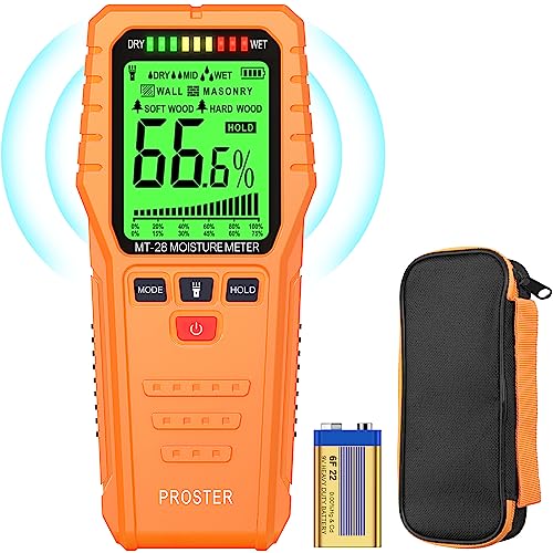 Proster Pinless Wood Moisture Meter - Non Destructive Moisture Tester for Wood Wallboard Masonry, Detect up to 3/4 Inch Below Surface, Backlit Color LCD, Visual Audible Alarm