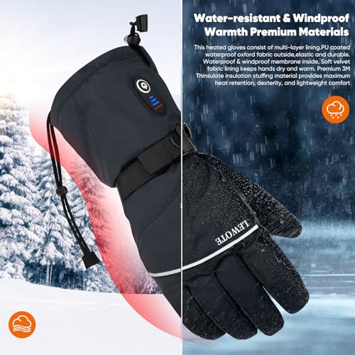 LEWOTE Heated Gloves, Electric Rechargeable Heated Hand Warmer Ski Gloves for Men Women, Waterproof & Windproof Touchscreen Gloves for Cycling, Hunting, Skiing, Motorcycle Winter Sport (M-Medium)