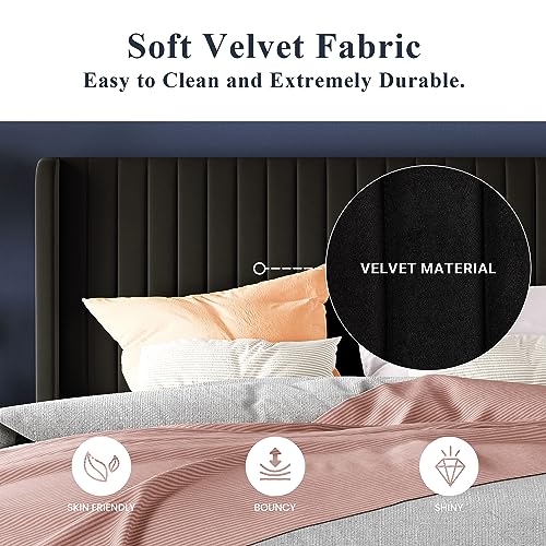 Allewie Full Size Velvet Bed Frame/Vertical Channel Tufted Wingback Headboard/Upholstered Platform Bed/Strong Wooden Slats/No Box Spring Needed/Easy Assembly/Black