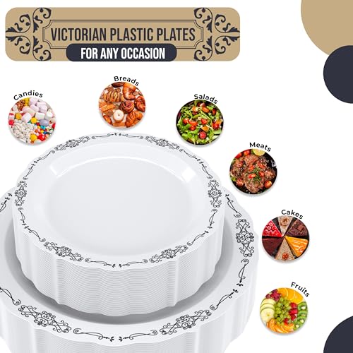 Exquisite Victorian Plastic Plates 80 Piece Plastic Disposable Plates for Party Set For 40 Guests 40 X 7.5 inch Dessert Plates & 40 X 10.25 Inch Plastic Plates Disposable Heavy Duty White & Black