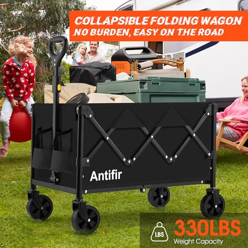 Collapsible Folding Wagon Cart, Portable Garden Wagon Cart All Terrain with Large Capacity, Heavy Duty Foldable Utility Wagon Cart for Groceries, Sports, Shopping, Camping Outdoor, Black