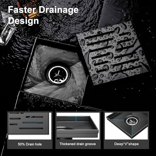 4 Inch Square Shower Drain, EMBATHER 304 Stainless Shower Floor Drain and Shower Drain Cover Included Hair Catcher and Leveling Feet, Black