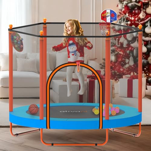 Ativafit 60'' Rebounder Trampoline Indoor Outdoor for Kids Ages 1-8, 5 FT Recreational Toddler Trampoline with Safety Enclosure Net Gifts with Basketball Hoop Dartboard Ocean Ball for Fun