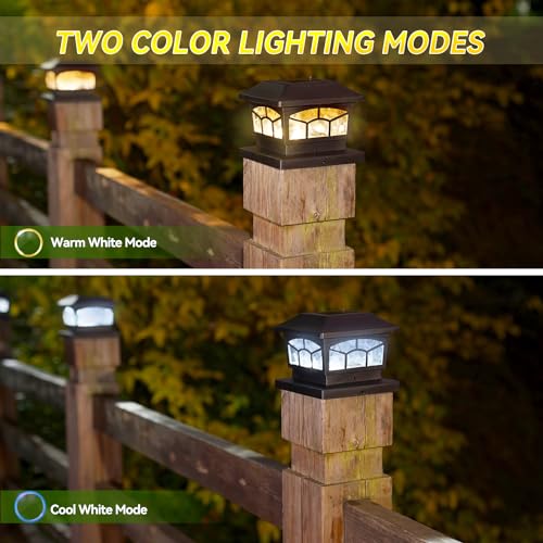 Solar Lights For Fence Post Cap Outdoor Deck Lights Solar Powered Waterproof 8 LEDs for 4x4/6x6 Wooden/Vinyl Posts Two Light Modes Warm/Cool White Decor for Garden Deck Patio. (Black, set of 2)