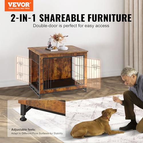 VEVOR Dog Crate Furniture, 32 inch Wooden Dog Crate with Double Doors, Heavy-Duty Dog Cage End Table with Multi-Purpose Removable Tray, Modern Dog Kennel Indoor for Dogs up to 45lb, Rustic Brown