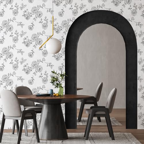 Qianglive Peel and Stick Floral Wallpaper White and Black Vinyl 17.3"×80" Contact Paper Waterproof for Cabinets liveroom Bedroom