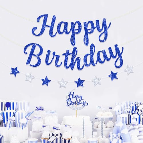 Blopee Large Happy Birthday Banner, Blue Happy Birthday Banner for Men/Women, Blue Happy Birthday Sign for Backdrop, Blue and Silver Happy Birthday Banner for Royal Blue Happy Birthday Decorations
