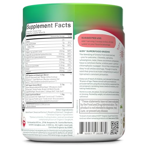 KOS Organic Superfood Greens Powder - Gut Health from Prebiotic Fiber, Supergreens and Adaptogens - USDA Certified Organic, Made in a GMP certified facility - 28 Servings Berry